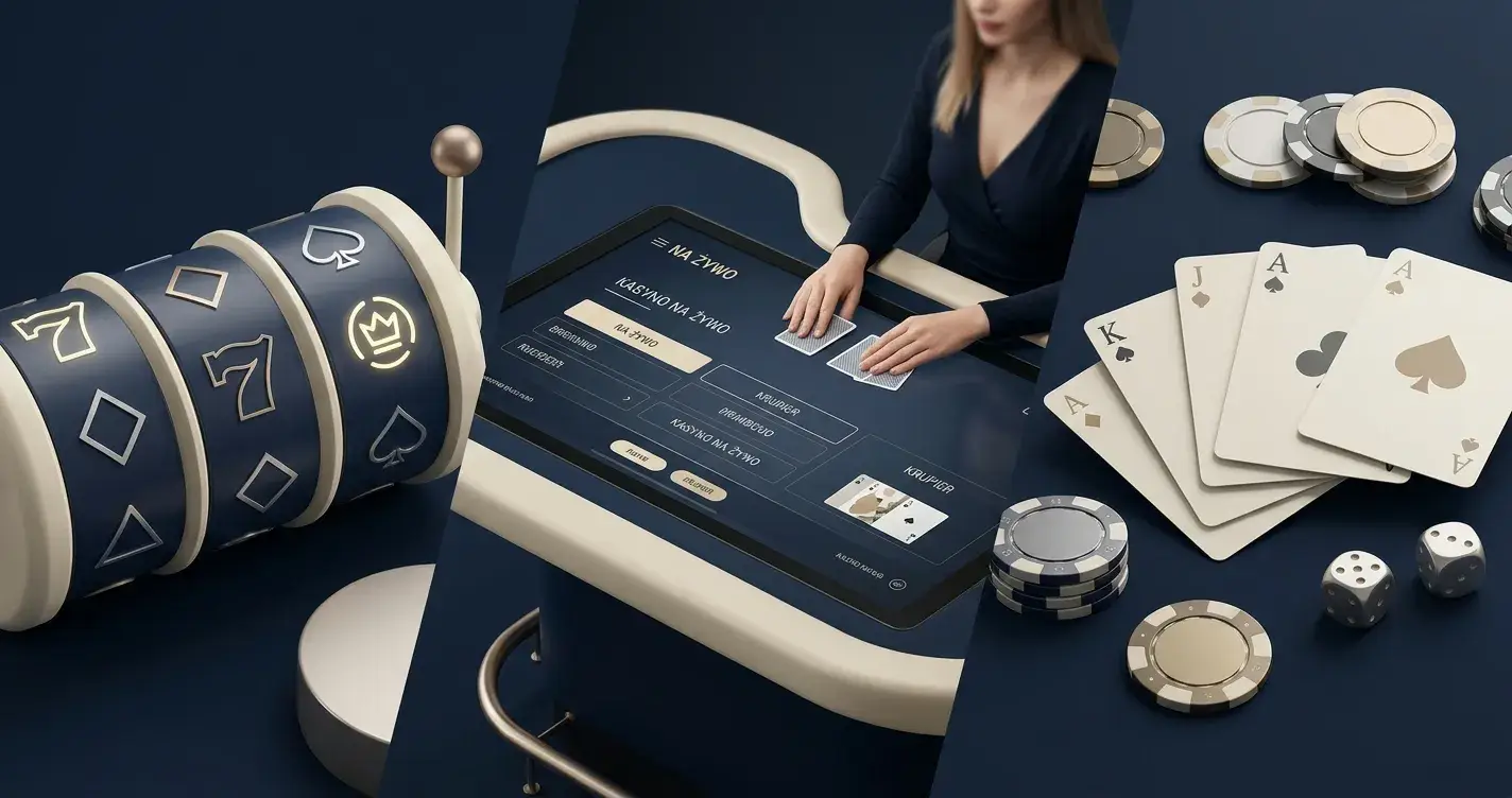 Ilustracja kategorii kasynowych obejmujących automaty, gry stołowe i studio live casino
