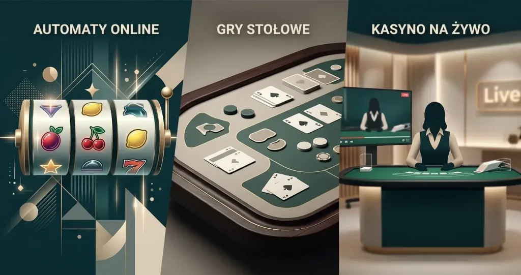 Abstrakcyjny kolaż automatów, stołu kasynowego i studia live bez marek