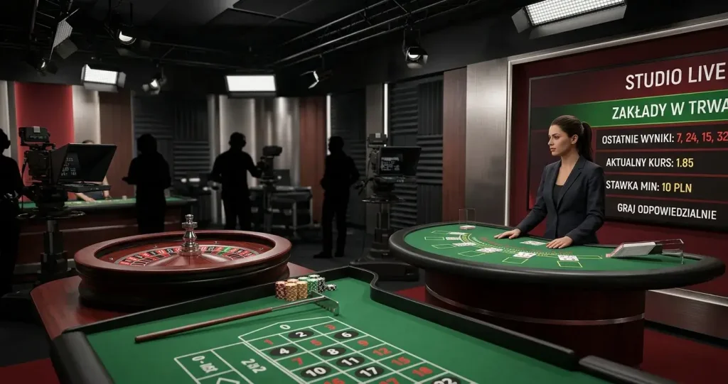 Ilustracja studia live casino z kartami i stołem bez znaków marek