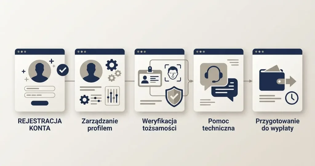 Schemat cyklu konta od rejestracji do weryfikacji i wypłaty
