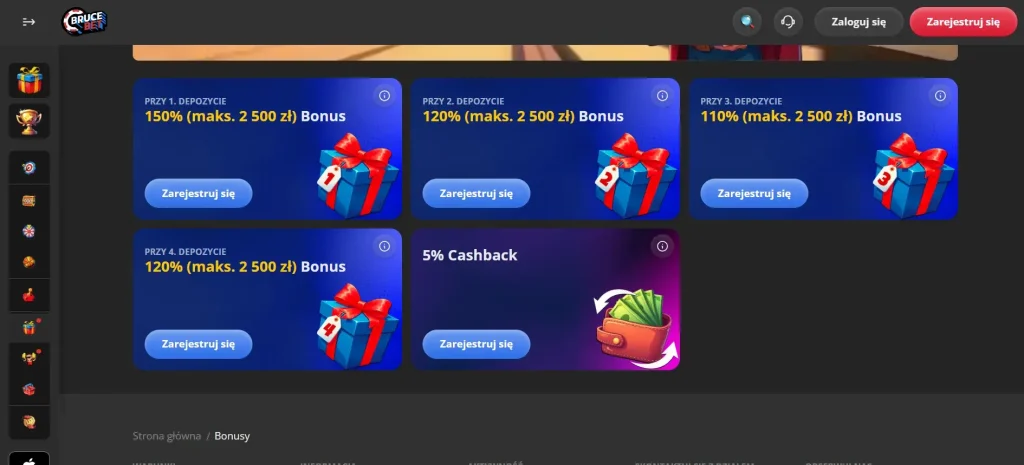 Sekcja promocji i cashback Bruce Bet w polskiej wersji serwisu