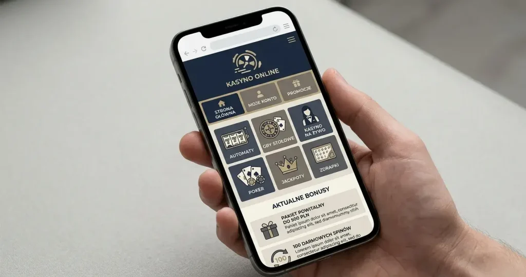 Smartfon z ogólnym widokiem responsywnej strony kasynowej w przeglądarce