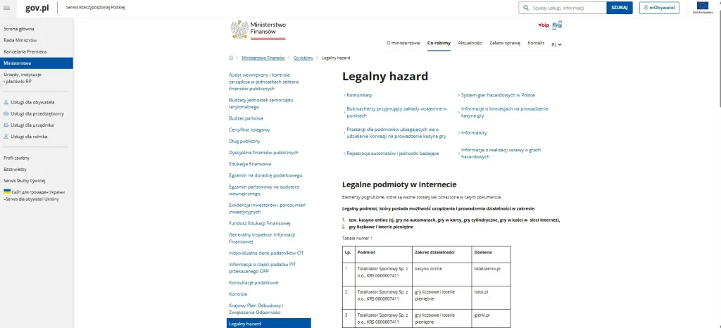Strona Ministerstwa Finansów z informacjami o legalnym hazardzie online w Polsce