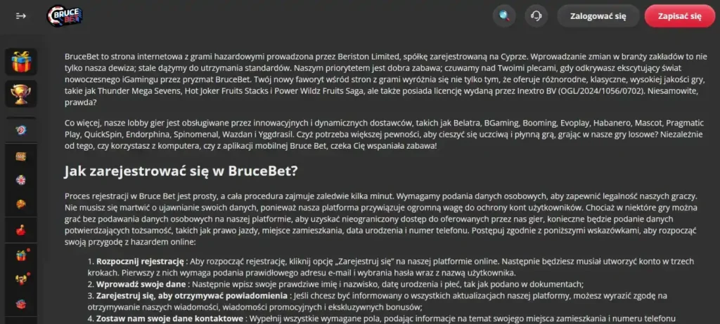 Zrzut oficjalnej informacji Bruce Bet o operatorze i licencji Curaçao